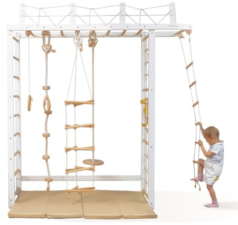 WoodandHearts pull up bar, Made in EU, gymnastics bar, pull-up bars, gym accessories, play gym, climbing frame, indoor climbing frame, Swedish Ladder with Accessories in White+Natural Wood Color