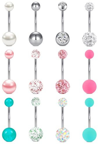 FECTAS 12pcs Piercing Nombril 14G 6/10/12/14mm Acier Chirurgical Piercing Nombril Piercing Bijoux pour Femmes Hommes