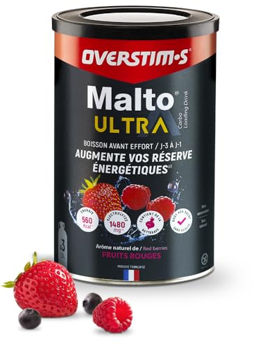 Overstim.s - Malto Ultra Drink (450g) - Aumenta le riserve energetiche - Carboidrati lenti - Migliora la resistenza - Buona funzione muscolare - Riduce l'affaticamento - Aroma di frutta rossa
