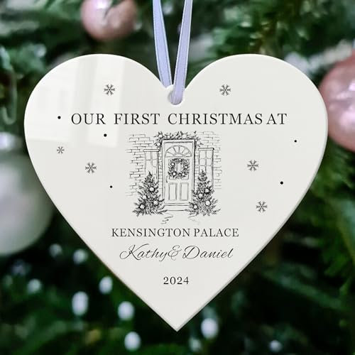 Personalised First Christmas Baubles Gifts for New Home 1st Christmas Tree Decorations with Any Address & Name & Year Custom White Acrylic Xmas Ornaments Gifts for Family New Home(Design 4, Heart)