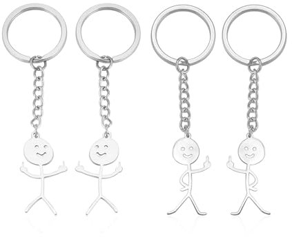NyxSeat Lot de 4 porte-clés en 2 styles Stickman - Langue des signes - Porte-clés unique - Cadeaux amusants pour sacs, clés, pendentifs DIY - Unisexe (argent), argenté, taille unique