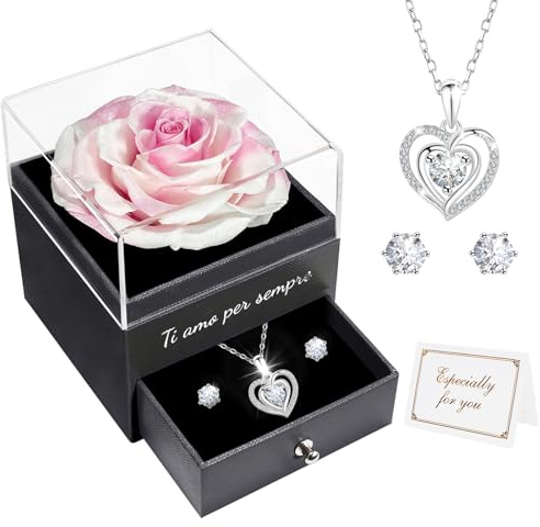 Miofula Rosa Stabilizzata Regalo Donna,Rosa Eterna con Collana Argento 925 Orecchini Donna,Ti Amo per Sempre,Regalo Donna Compleanno,Rose Stabilizzate Regalo Natale Anniversario San Valentino per Lei