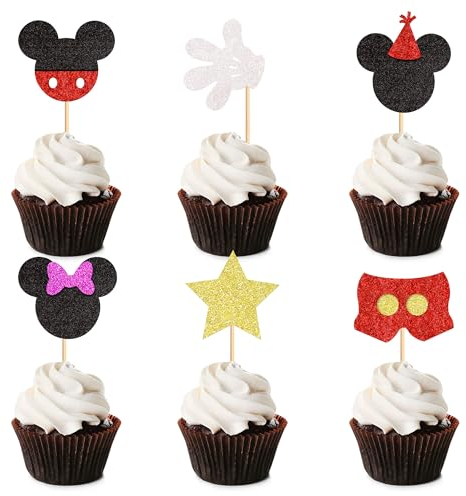 Blumomon 24Pcs Glitter Mouse Cupcake Toppers Mouse Cake Decorations,Baby Shower Cupcake Toppers for Boy Birthday Party Decorations Baby Shower Party Decoration Supplies