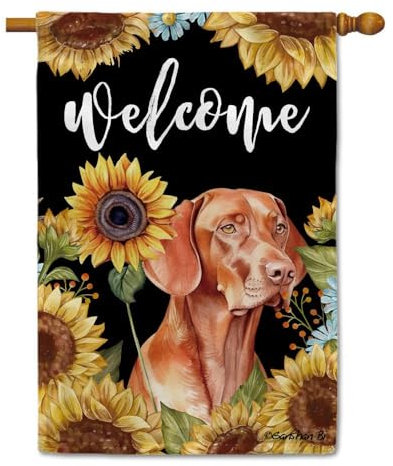 Sonnenblumen-Vizsla-Hausflagge, Aquarell, Hund, Blumen, Frühling/Sommer, Dekoration, Flagge für den Außenbereich, Hof, doppelseitig, 71,1 x 101,6 cm