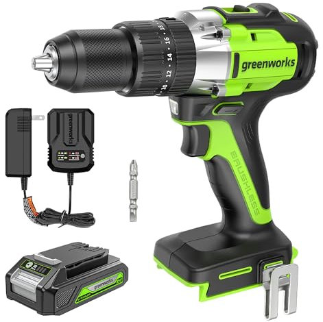 Greenworks Marteau perforateur sans fil 24 V avec batterie 2 Ah et chargeur, moteur sans balais de 530 lbs, 2 vitesses (0-450/1750 tr/min), mandrin sans clé de 1,27 cm, embrayage 20 + 1, lumière LED