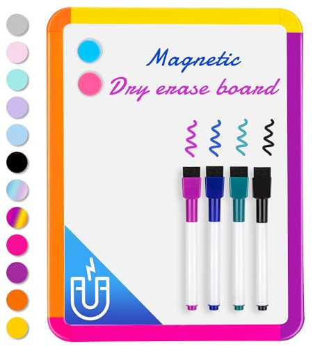 VUSIGN Small White Board Dry Erase, 22 x 28 cm Magnetic Dry Erase Board, Mini Whiteboard with Markers for Kids, Students, Fridge, Wall, Locker, Colorful Frame