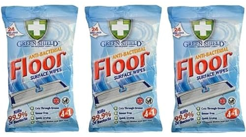 3 x GREENSHIELD ANTIBAC Floor Surface Wipes Packs of 24 Extra Large Wipes (72 Wipes)