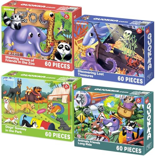 QUOKKA Puzzle ab 4 5 6 Jahre - 4x60 Teile Rahmenpuzzle Spiele für Jungen und Mädchen - Bunte Puzzle mit Vert Zoo| Eden - Geschenk Spielzeug für Kinder 3 7 Jahre