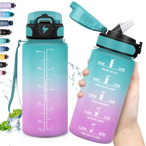 Grsta Gourde, 500ml Gourde Enfant, Gourde Paille anti Fuite, Gourde Motivation avec Marqueur de Temps, Gourde Reutilisable, Facile à Transporter, Gourde d'eau pour Running, Randonnée, Camping