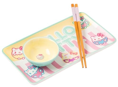 Silver Buffalo Sanrio Hello Kitty Pastel Colored Ceramic Sushi Set with Dipping Sauce Dish and Matching Chopsticks
