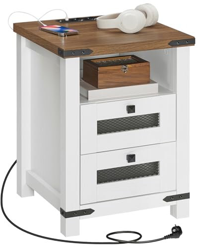 HOOBRO Nachttisch mit Ladestation, Beistelltisch mit 2 Schubladen, Nachttisch im Landhausstil, Sofatisch, Nachtschrank mit 2 Steckdosen, für Schlafzimmer, Walnuss und Weiß EWH146CBZ01