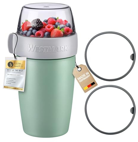 Westmark Müslibecher/Lunchpot Set – 2 auslaufsichere Fächer: 200 ml +500 ml, 2 Ersatzdichtungsringe, natürlich BPA-frei – Mint-Grün/Grau/Klar, 528522EM
