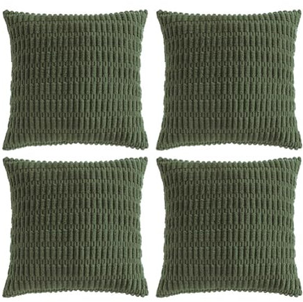 FDTERN 4er Set Kissenbezug 50x50 Olivgrün Flauschig Kordsamt Kissenbezüge Dekorative Kissenhülle Dekokissenbezug Sofakissen Dekokissen Deko für Sofa Schlafzimmer Wohnzimmer