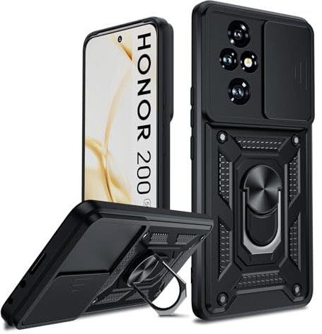 LeYi for Honor 200 5G Case, Camera Lens Slide Design, Military Shockproof Phone Cover with Ring Stand Holder | Camera Protection | Rotatable Kickstand Phone Case for Honor 200, Black