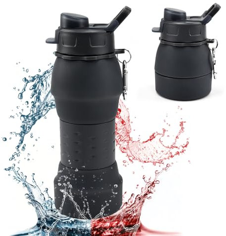 XRPRPX Bouteille d'Eau Pliable en Silicone, 600ML Gourde Pliable Silicone Réutilisable Bouteille d'Eau Pliable avec Mousqueton Bouteille Souple Silicone pour Sport, Voyage, Randonnée, Camping