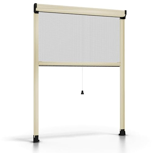 ESTO Moustiquaire à rouleau pour fenêtre découpable en hauteur et largeur – cadre en aluminium, différentes tailles et couleurs, filet anti-insectes pour fenêtres coulissantes et battantes (ivoire,