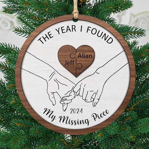 Personalized The Year I Found My Missing Piece Couple 2-Layered Wooden Christmas Ornament,Custom Mr and Mrs Newly Wed Hanging Decorations,Keepsake Xmas Gift Wife Husband