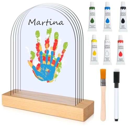 TOGOU2S Kit Impronte Mani Famiglia 5 Pannelli In Plexiglas In 6 Colori Base In Legno, Impronta Mani e Piedi Neonati Ideale per Regalo Neonato, Nuovi Genitori, Festa della Mamma, Festa del Papà