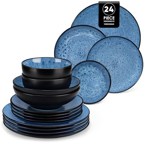 vancasso Service de Table pour 6 Personnes, Service Vaisselle 24 Pièces en Grès - 6 Assiettes Plates, 6 Assiettes à Dessert, 6 Assiettes Creuses et 6 Bols - Glaçure Bleu, Compatible Micro-Ondes