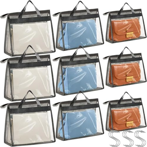 Incisite 9 Pieces Storage Organizer for Handbags, 3 Sizes Dust Bags for Handbag Storage, Clear Handbag Storage Bag with Zipper and Handles, Purse Storage Organizer,Dustproof & Moistureproof (Gray)