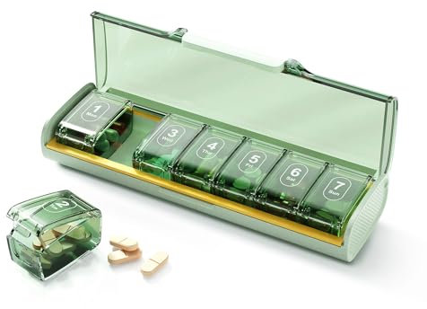 Glosen Weekly Pill Box 7 Day - Travel Pill Organiser with 7 Individual Compartments, Small Pill Case with Double Snap Lock, Tablet Container for Pocket Purse (Green)