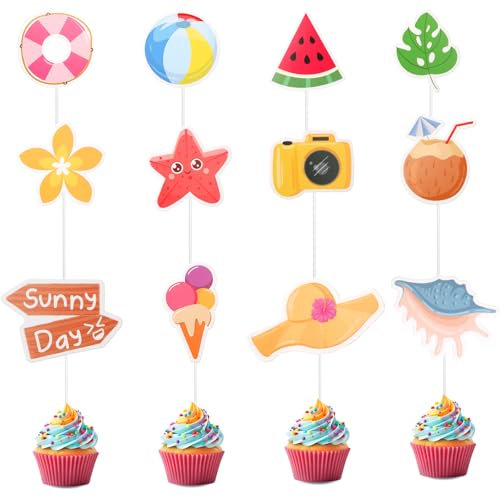 36 Stück Strand-Kuchenaufsätze, niedliche Ozean-Kuchendekorationen, Pool-Party-Cupcake-Topper, Hawaii-Kuchenaufsatz, Wassermelone, Kokosnuss, Hausschuhe, Topper für Geburtstag, Hochzeit, Pool, Party