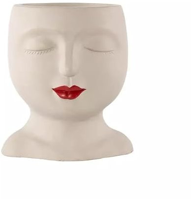 Fyne-Finds Cement White Plant Pot Face Shape Red Lips Indoor 17cm, 7inch Novelty Secculent Cactus Planter Holder Home Decor Gift