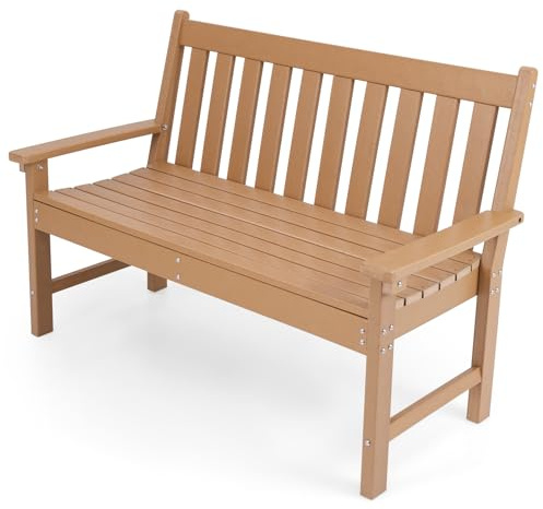 GIANTEX Gartenbank für 2 Personen, Parkbank aus Kunststoff mit hoher Rückenlehne, Außenbank, wetterfest, für Garten, Terrasse, 132 x 65 x 91 cm (Natur)