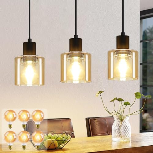 ZMH LED Hängelampe Esstisch Pendelleuchte - 3 Flammig Vintage Esstischlampe Hängend E27 Hängeleuchte Metall Esszimmerlampe Retro Pendellampe für Wohnzimmer Küche Esszimmer, 6 x G80 Glühbirne inkl.