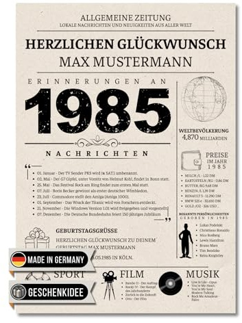 Vacentures Personalisierbar Geburtstag 40 Jahre - Jahrgang 1985 - Geschenk für Mann oder Frau - Erinnerungen Retro Zeitung - Premium Poster Druck Bild