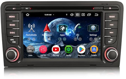 Erisin 8-Núcleo 4GB+64GB 7 Pulgadas Radio Coche Bluetooth Android 14 GPS Navegador para Audi A3 S3 RS3 RNSE-PU Estéreo Soporte CarPlay Android Auto WiFi 4G DSP Dab+ USB RDS TDT Canbus Pantalla táctil