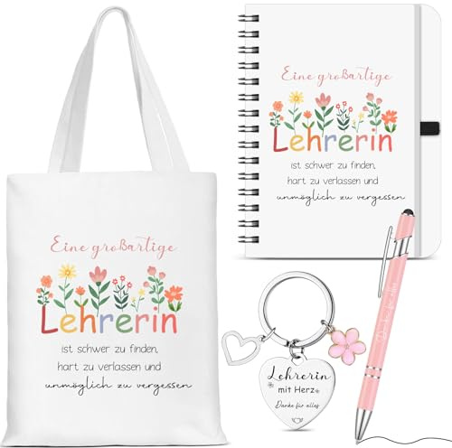 Hestya 4 Stück Abschiedsgeschenk Lehrerin Dankeschön Geschenke Weihnachten | Stofftasche, Notizbuch, Metall Kugelschreiber mit Herz Schlüsselanhänger für Abschluss, Danke, Erzieherin