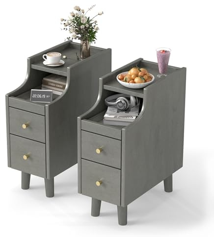 COSTWAY Slim Bedside Table, Solid Wood Nightstand End Sofa Side Table with 2 Drawers, Pull-out Tray and Cable Hole, Narrow Bedside Cabinet Storage Unit for Small Space, Living Room, Bedroom (2, Grey)