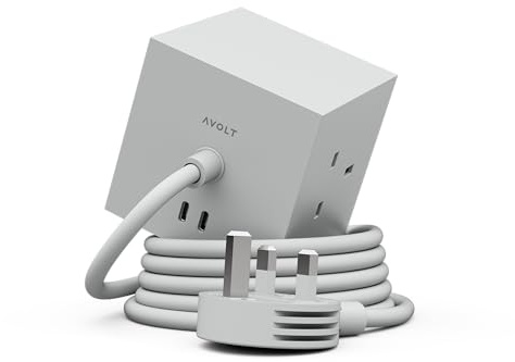 Avolt Square 1 Power Cube Extension Lead, 1.8m, 3 UK Sockets & 2 USB-C | Gotland Grey – magnetic power cube, USB-C 30W charging; ideal for home offices and minimalist interiors