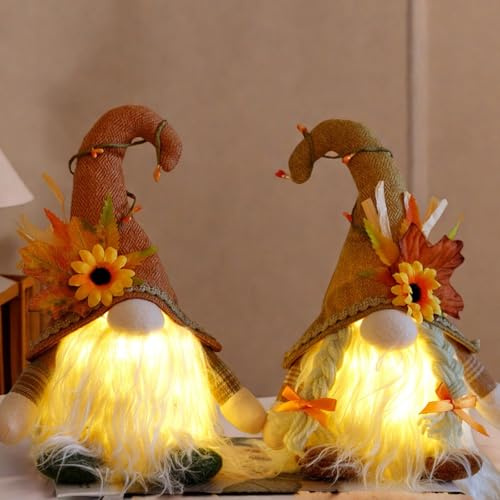 PORFOYO Wichtel Figuren Herbstdeko, 2 Stück Herbst Dekoration Wichtel mit Licht, Gesichtsloose Puppe Zwerg Dekoration, Herbst Zwerg Plüsch für Erntedankfest Weihnachten Deko, Batteriebetrieben (A)