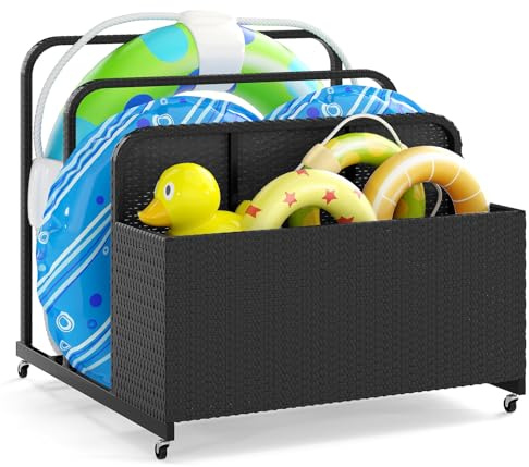 COSTWAY Coffre Piscine Exterieur en Rotin PE avec 4 Roues, Noir