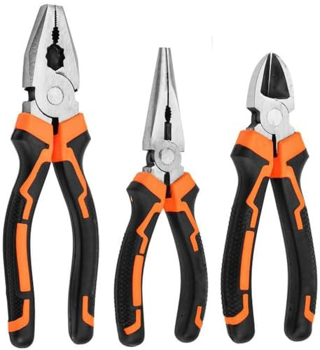 WOWEI Zangen Set 3tlg. Zangensatz Universal Kombizange 180mm Spitzzange 160mm Seitenschneider 160mm Profi Werkzeug Zangenset für Heimwerker, Profis, DIY, Reparatur Handwerkzeug Schwarz Orange