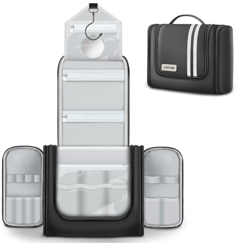 Carttiya Kulturbeutel zum Aufhängen, Reise Kulturbeutel Herren mit Spiegel, Groß Wasserabweisend Kosmetiktasche Kulturtasche Waschtasche Cosmetic Bag mit Haken für Damen und Herren (Schwarz)