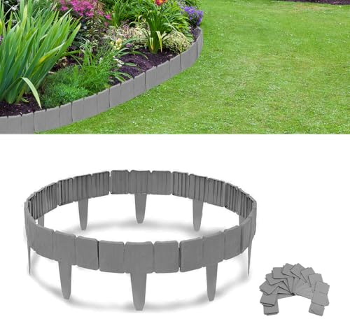 Rasenkante Kunstoff, 15m Flexibler Steinoptik Beeteinfassung, 60 Stücke PP Beetumrandungen Mähkante, Rasenkanten Steinoptik Palisade für Blumen Gartenzaun Decorativ, L 25 x H 23 cm - Grau