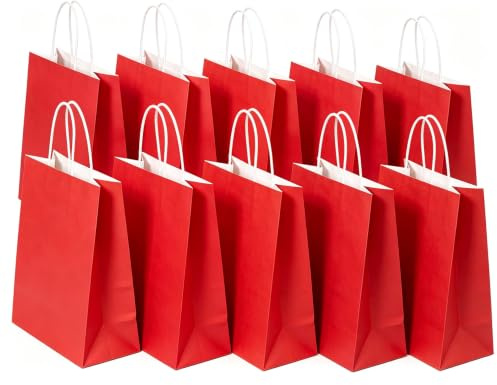 SHUBEIEUMI Lot de 10 Sacs Cadeaux en Kraft Avec Poignées, 21x15x8 cm Petite Taille Sacs en Papier pour Anniversaires, Mariages, Rouge