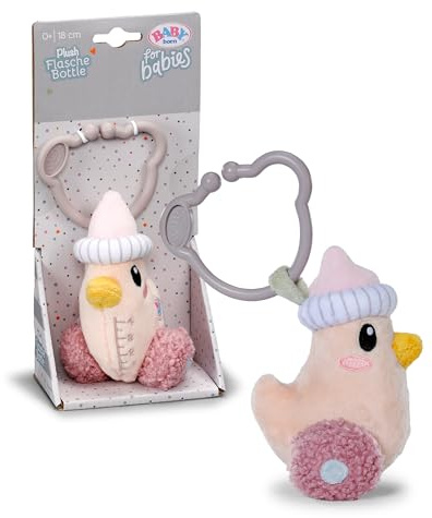 BABY Born for Babies Plüsch-Fläschchen mit Rassel, Knisterfolie und Clip | Rassel & Knisterpapier, Clip zum Befestigen, Berta-Design, waschbar