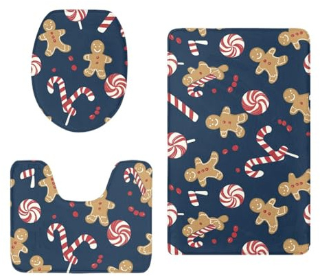 badezimmerteppich Set Rote Weihnachtssüßigkeiten Badezimmermatte WC Teppich Dekoration Schnell Trocknend Badgarnitur 3 Teilig Stand WC Deckelbezug Badvorleger rutschfest Waschbar 50x80 cm