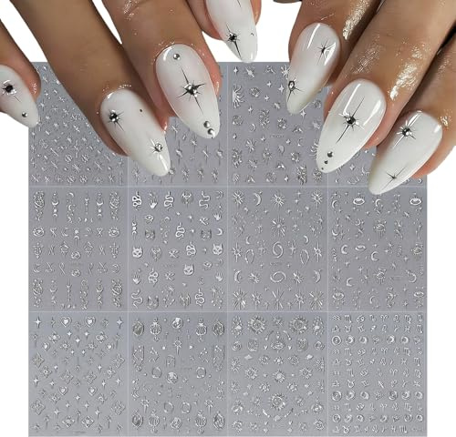 12 Sheets Silver Nail Art Stickers Decals Star Moon Nails Stickers For Nail Art Self-Adhesive Snake Nails Decal
