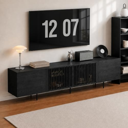 EOBfurniture TV Schrank 240 cm passend für 75 Zoll Fernseher, TV Lowboard mit Lamellentüren und großem Stauraum, vielseitiges TV Board für Unterhaltungsraum, Lowboard Wohnzimmer in Schwarz (240cm)
