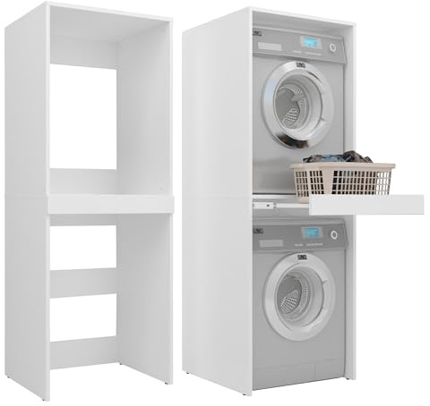 Milionmeblicom Mobile Lavatrice e Asciugatrice Colonna LUNA Salvaspazio Mensola Estraibile Ripiani Struttura Robusta Mobile Bagno Lavanderia 183,7×65×66 cm Bianco Opaco