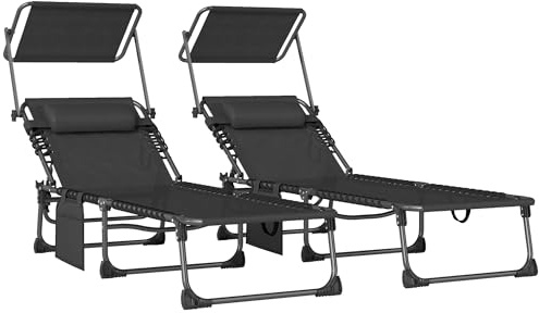 Outsunny Set de 2 Tumbonas Jardín Exterior, Tumbonas Plegables con Reposacabezas, Parasol y Bolsillo Lateral, Respaldo Reclinable 5 Posiciones y Asiento Malla Transpirable para Playa, Piscina, Negro