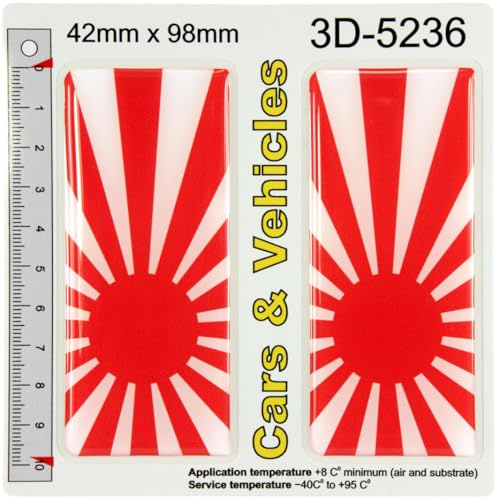 EJ 2x Japan Rising Sun Flag Japanese Number Plate Stickers – Front & Rear 3D Gel Domed Silicone Badges, Self-Adhesive Car & Van Decals (42mm x 98mm)