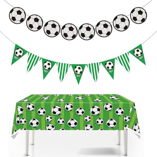 3 PCS Fußball Deko Set, 2 Wimpelkette & Tischdecke, Fußball Deko Geburtstag, Fußballweltmeisterschaft 2026 Deko, Partydekoration