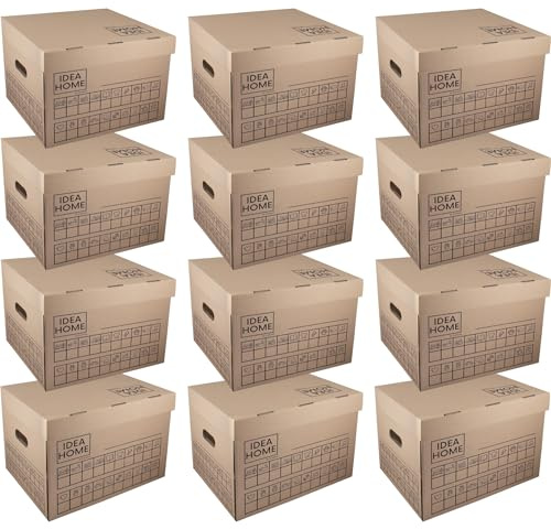 Idea Home STOREA 12er Set Aufbewahrungsbox mit Deckel Pappkarton Griffe Archivbox inkl. Marker Umzugskarton Pappe Lagerbox Organisation Stapelbar