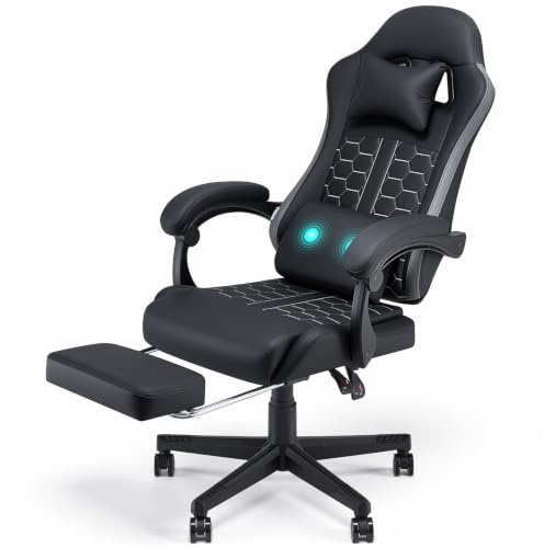Warmiehomy Gaming Chair, Racing Gaming Chair with Massage and Footrest | Ergonomic Gaming Chair for Adults, Massage Computer Chairs with Footrest, Pc Chair with Headrest and Lumbar Support, Black